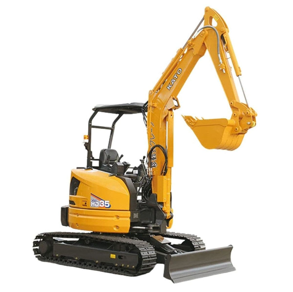 KATO HD35 V5 mini excavator in bright yellow with hydraulic arm, bucket attachment, rubber tracks, open cab, and front dozer blade, positioned for construction use.