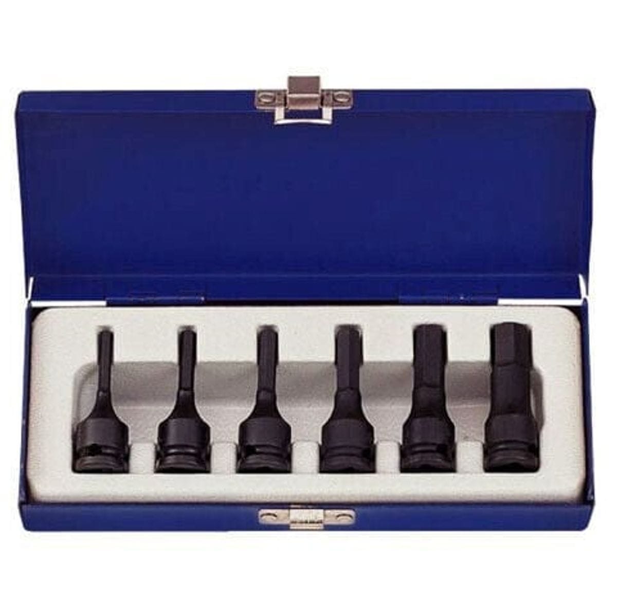 A studio photograph of the KT Pro Tools A3401MP 6-piece impact hex bit socket set, featuring six black 3/8 inch drive metric sockets organized in a white foam tray inside an open blue metal carrying case.