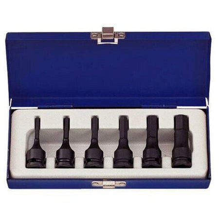 A studio photograph of the KT Pro Tools A3401MP 6-piece impact hex bit socket set, featuring six black 3/8 inch drive metric sockets organized in a white foam tray inside an open blue metal carrying case.