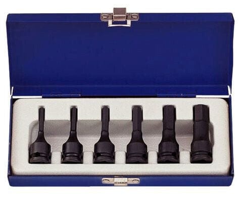 A studio photograph of the KT Pro Tools A3401MP 6-piece impact hex bit socket set, featuring six black 3/8 inch drive metric sockets organized in a white foam tray inside an open blue metal carrying case.