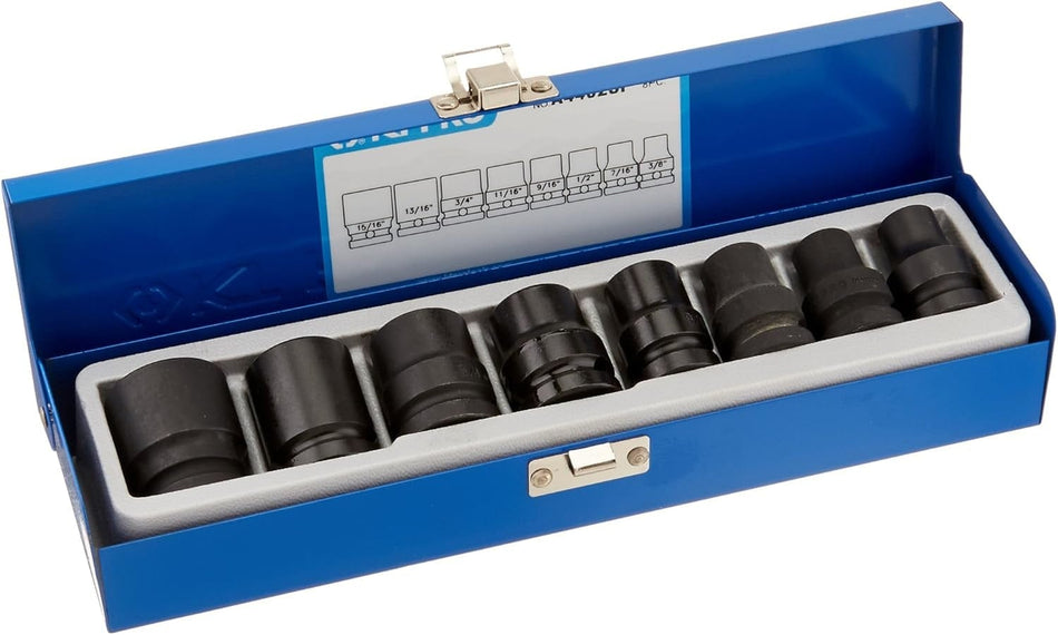 A studio photograph of the KT Pro Tools A4402SP 8-piece impact socket set, featuring eight black 1/2 inch drive SAE sockets organized in a white foam tray inside an open blue metal carrying case with a size chart on the inner lid.