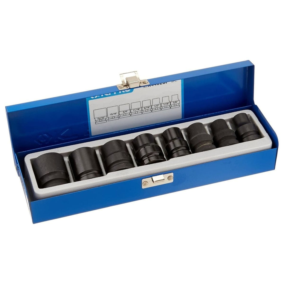 A studio photograph of the KT Pro Tools A4402SP 8-piece impact socket set, featuring eight black 1/2 inch drive SAE sockets organized in a white foam tray inside an open blue metal carrying case with a size chart on the inner lid.