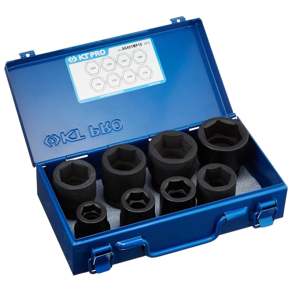 A studio photograph of the KT Pro Tools A6401MP10 8-piece impact socket set, featuring eight black 3/4 inch drive metric sockets organized in a grey foam tray inside an open blue metal carrying case with a size chart on the inner lid.