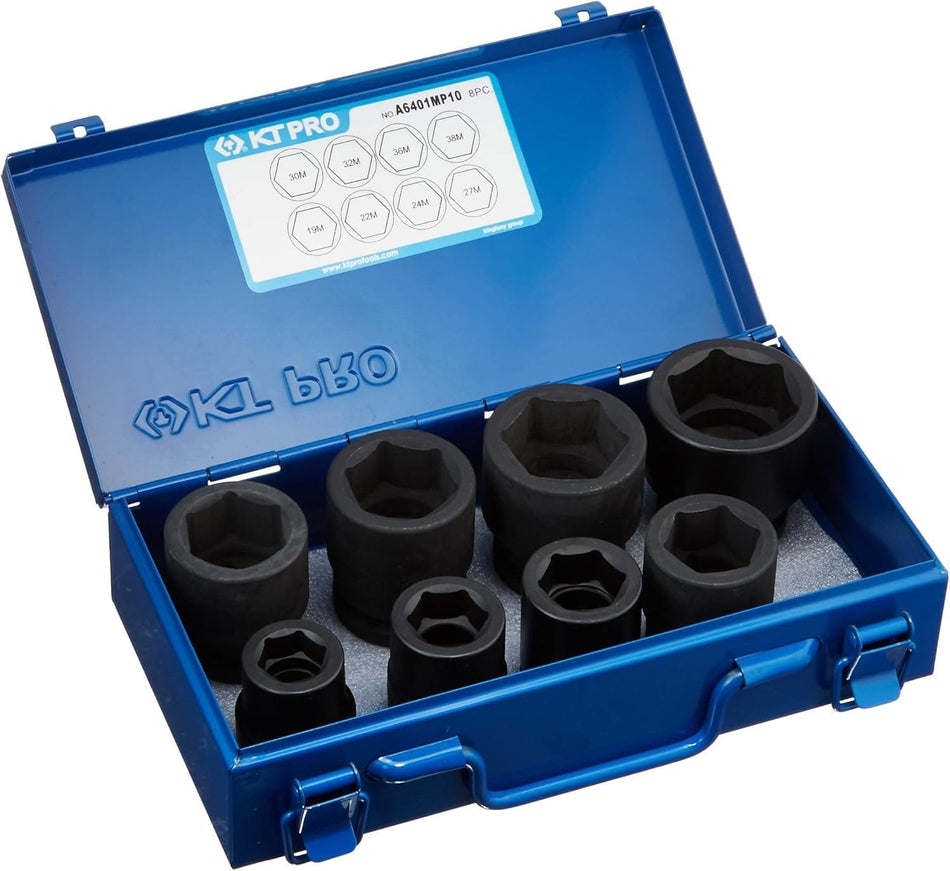 A studio photograph of the KT Pro Tools A6401MP10 8-piece impact socket set, featuring eight black 3/4 inch drive metric sockets organized in a grey foam tray inside an open blue metal carrying case with a size chart on the inner lid.