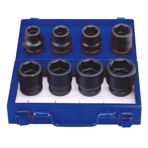 A studio photograph of the KT Pro Tools A6401SP10 8-piece impact socket set, featuring eight black 3/4 inch drive SAE sockets organized in a white foam tray inside an open blue metal carrying case.
