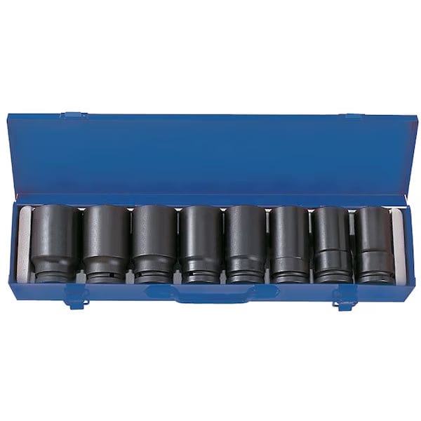A studio photograph of the KT Pro Tools A6403SP 8-piece deep impact socket set, featuring eight long black 3/4 inch drive SAE sockets arranged in a row within a white foam tray inside an open blue metal carrying case.