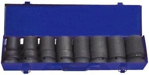 A professional studio photograph of the KT Pro Tools A8401MP 8-piece impact socket set, featuring eight heavy-duty black sockets arranged in a single row within an open blue metal carrying case.