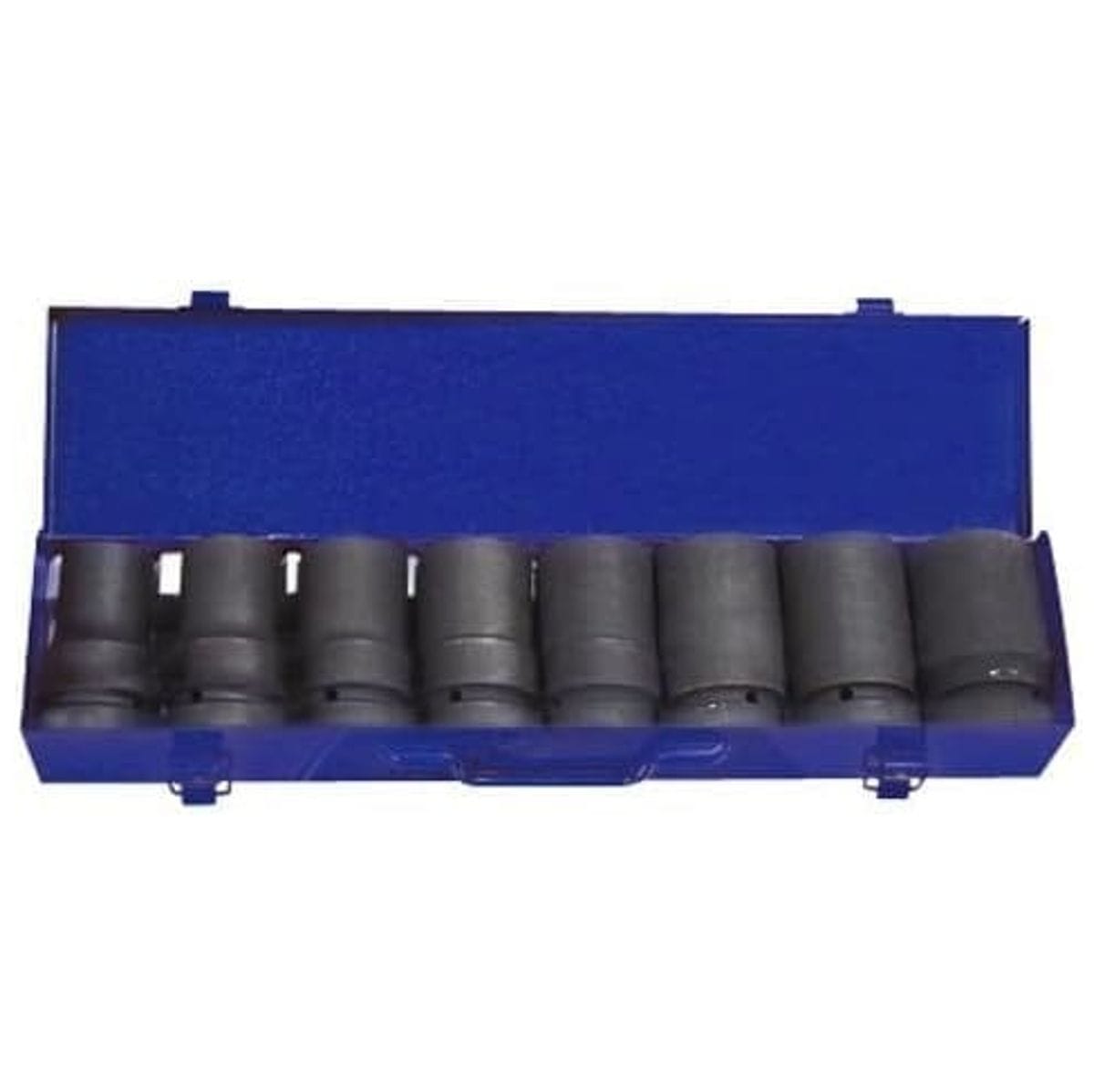A professional studio photograph of the KT Pro Tools A8401MP 8-piece impact socket set, featuring eight heavy-duty black sockets arranged in a single row within an open blue metal carrying case.