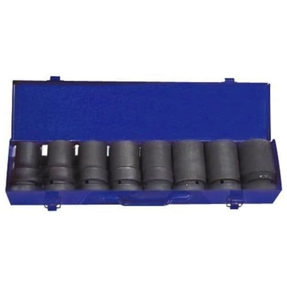 A professional studio photograph of the KT Pro Tools A8401MP 8-piece impact socket set, featuring eight heavy-duty black sockets arranged in a single row within an open blue metal carrying case.