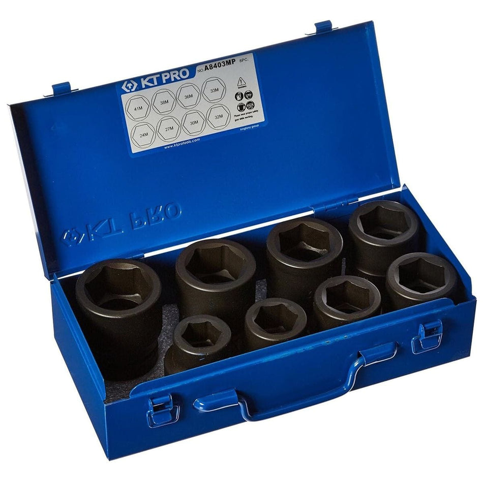 A professional studio photograph of the KT Pro Tools A8403MP 8-piece impact socket set, featuring eight black 1-inch drive metric sockets organized in a black foam tray inside an open blue metal carrying case.