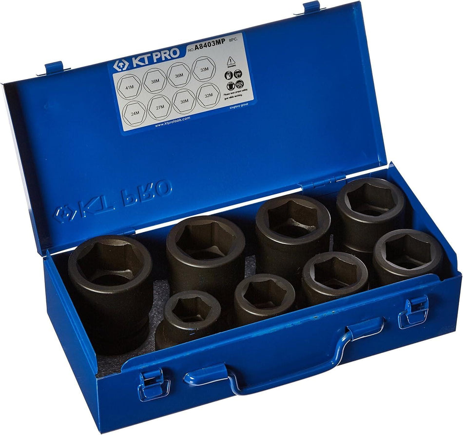 A professional studio photograph of the KT Pro Tools A8403MP 8-piece impact socket set, featuring eight black 1-inch drive metric sockets organized in a black foam tray inside an open blue metal carrying case.