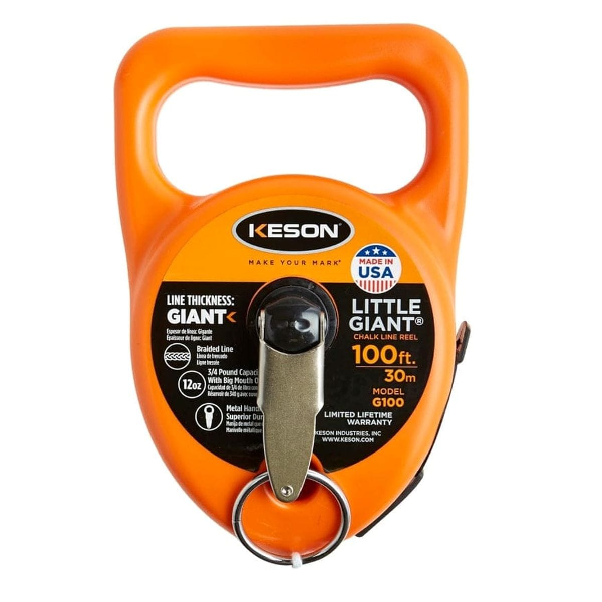 A studio product shot of the orange Keson G100 Little Giant chalk line reel, featuring a 100-foot line capacity, 12-ounce chalk reservoir, and a durable steel pull ring.