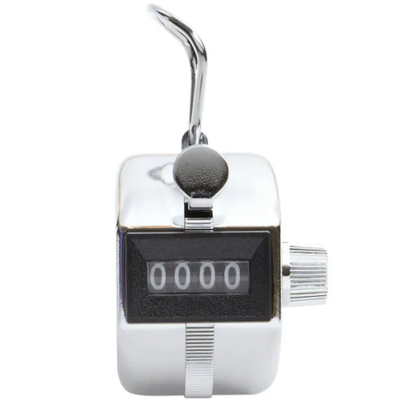 Keson TM100 handheld mechanical tally counter with a polished chrome steel housing showing the front-facing four-digit register display set to zero zero zero zero. On top of the portable mechanical clicker is a curved metal thumb press lever for manual tracking, and on the right side is a textured knurled reset knob used for inventory counting and attendance tracking audits.