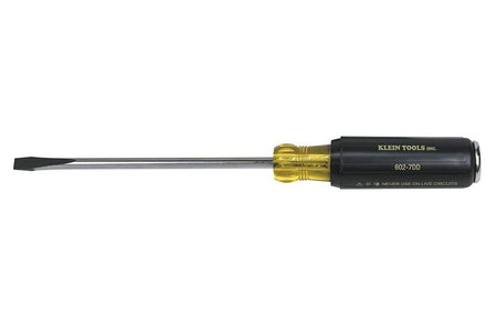 Image of Klein 5/16-Inch Keystone Demolition Driver, 7-Inch Shank 602-7DD. This is a close-up, straight-on view of a screwdriver with a silver shaft and a flat head, extending horizontally from a black handle with a translucent yellow section near the top, against a white background.