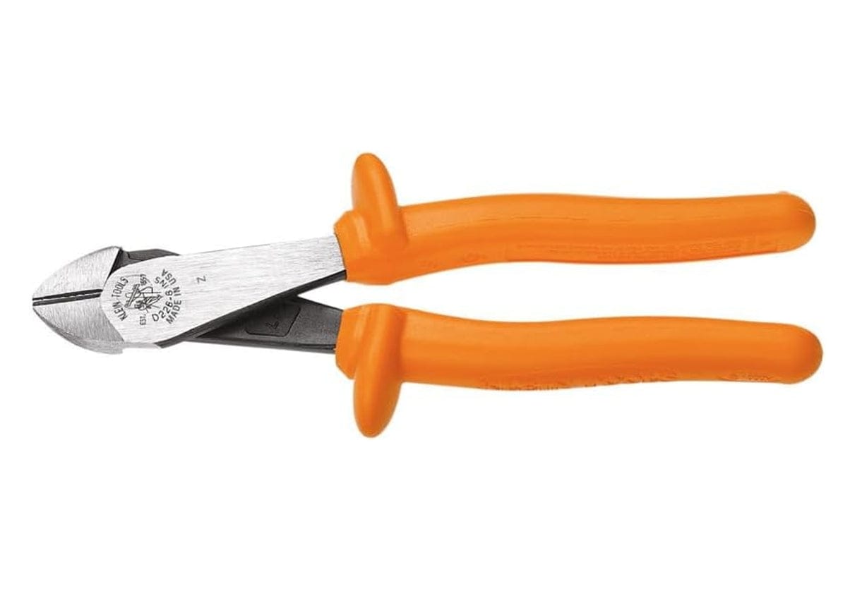 Image of Klein Diagonal Cutting Pliers, Insulated, High Leverage, 8-Inch D228-8-INS. The image shows a pair of pliers with bright orange handles, positioned horizontally against a light background. The pliers have metal jaws with a curved, cutting edge, and the handles appear to be slightly open.  The brand name "Klein Tools" is visible on the metal part of the pliers.