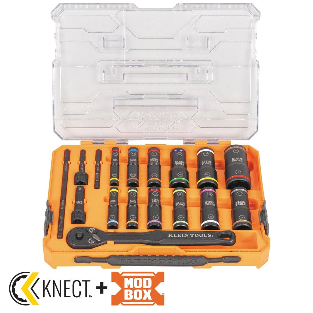 Open Klein KNECT 18-Piece Deep-Well Impact Flip Socket Set, showing the tools inside the orange modular case with a clear lid, and logos for KNECT and MODbox compatibility at the bottom.