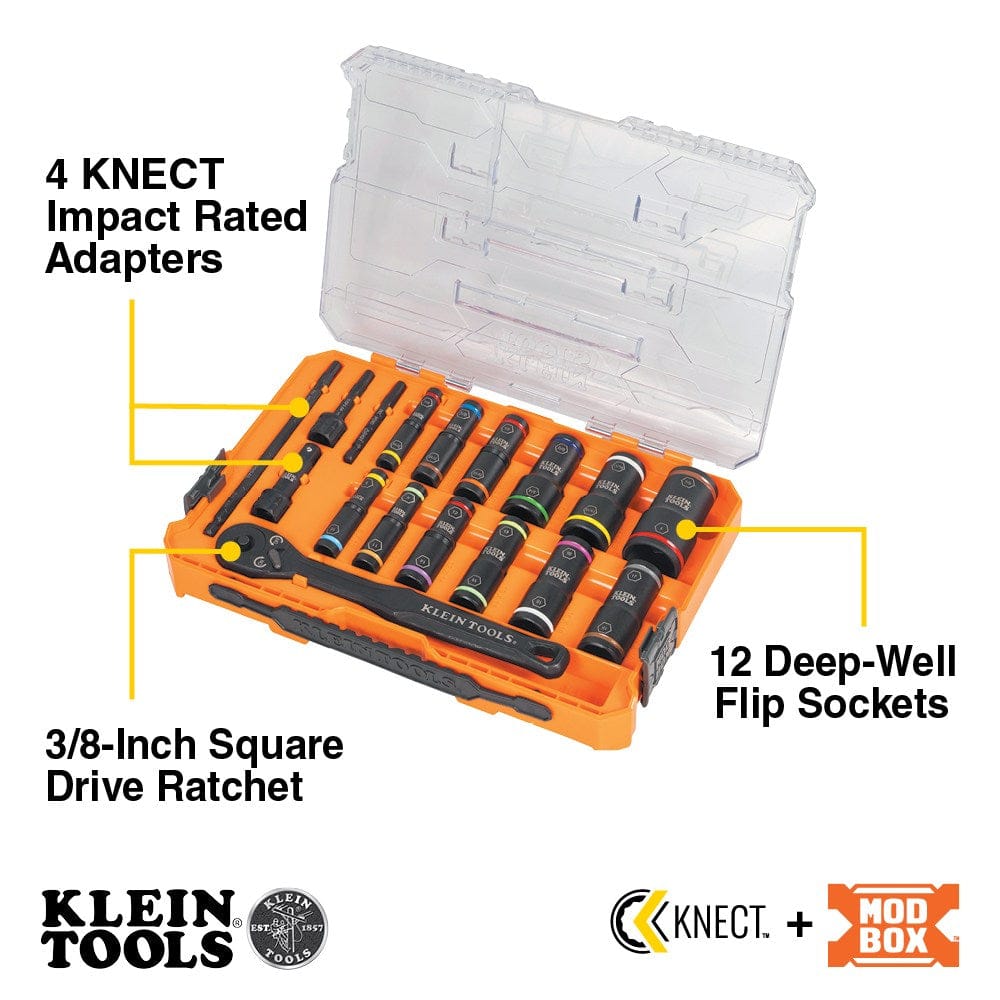 Annotated image of the open Klein KNECT 18-Piece Deep-Well Impact Flip Socket Set, highlighting the 3/8-Inch Square Drive Ratchet, 4 KNECT Impact Rated Adapters, and 12 Deep-Well Flip Sockets.