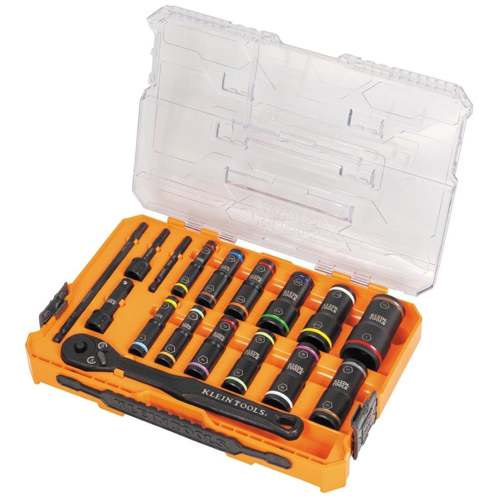Open Klein KNECT 18-Piece Deep-Well Impact Flip Socket Set, showing the black ratchet, 12 color-coded deep-well flip sockets, and adapters stored neatly in the orange modular case with a clear lid.