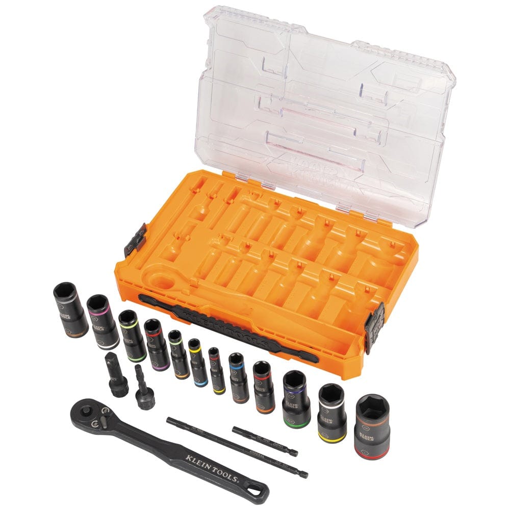 Contents of the Klein KNECT 18-Piece Deep-Well Impact Flip Socket Set removed from the orange modular case, showing the ratchet, flip sockets, adapters, and extended shafts laid out next to the empty case.