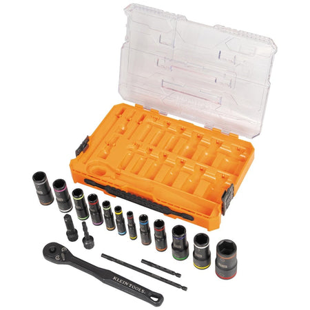 Contents of the Klein KNECT 18-Piece Deep-Well Impact Flip Socket Set removed from the orange modular case, showing the ratchet, flip sockets, adapters, and extended shafts laid out next to the empty case.