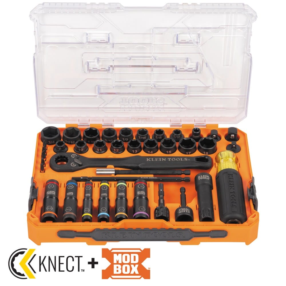 The Klein KNECT 39-Piece Impact Socket Set open in its modular orange case with a clear lid, featuring the ratchet, sockets, and various accessories, with KNECT and MODbox compatibility logos visible.