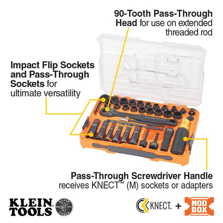 Annotated image of the Klein KNECT 39-Piece Set open in its case, highlighting the 90-Tooth Pass-Through Head, Impact Flip Sockets, Pass-Through Sockets, and Pass-Through Screwdriver Handle.