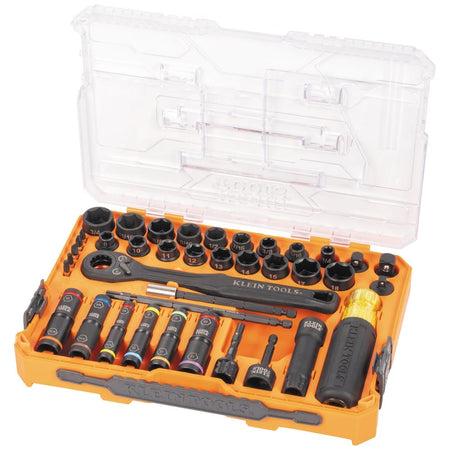 The Klein KNECT 39-Piece Impact Socket Set open in its modular case, displaying the ratchet, sockets, flip sockets, screwdriver handle, adapters, and bit extensions.