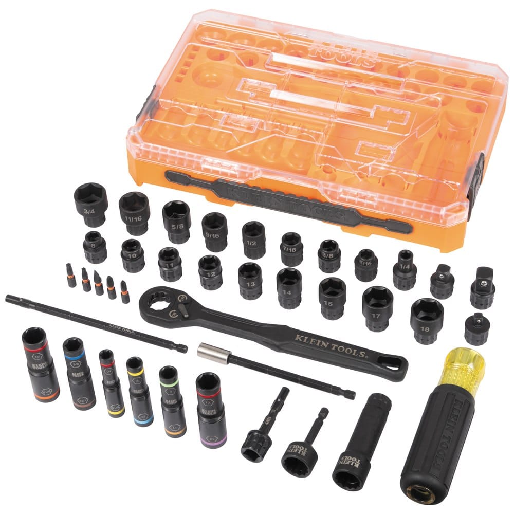 All 39 pieces of the Klein KNECT Impact Pass-Through and Flip Socket Set laid out around the open, empty modular orange case, showing the full array of sockets, ratchet, bits, and adapters.