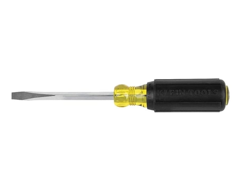 The image is of the Klein 600-4 flat head screwdriver. The image shows a Klein Tools screwdriver on a white background. The screwdriver has a black and yellow handle. A short, silver shaft extends from the handle. The tip of the shaft is a flat head.