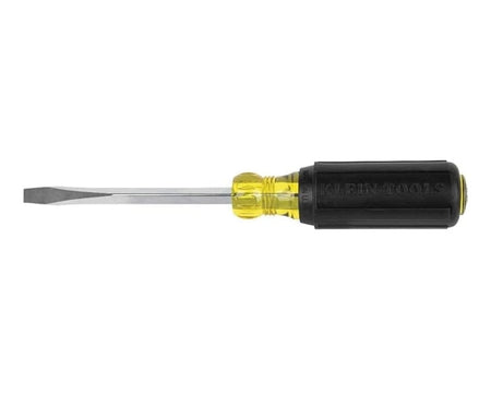 The image is of the Klein 600-4 flat head screwdriver. The image shows a Klein Tools screwdriver on a white background. The screwdriver has a black and yellow handle. A short, silver shaft extends from the handle. The tip of the shaft is a flat head.