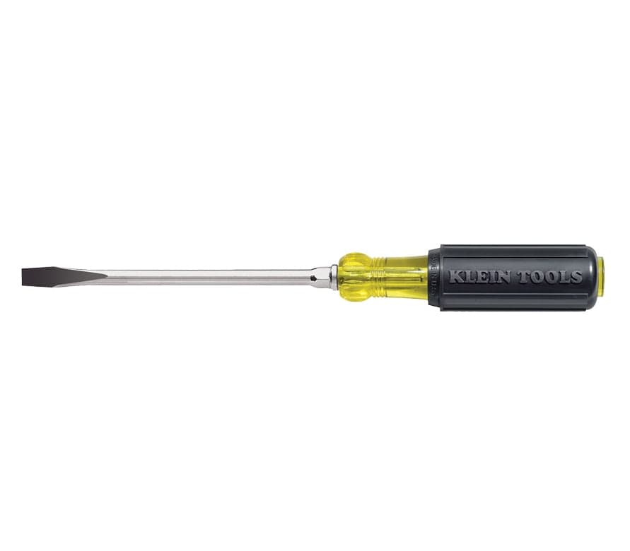 A side profile studio shot of the Klein 602-4 1/4-inch Keystone slotted screwdriver with its black Cushion-Grip handle.