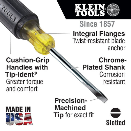 A feature callout diagram of the Klein slotted screwdriver, highlighting its Cushion-Grip handle, precision-machined tip, chrome-plated shank, and twist-resistant blade anchor.