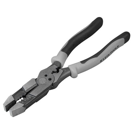 Image of Klein Hybrid Pliers J215-8CR. This is an angled, top-down view of a pair of open pliers against a white background. The pliers have black and gray handles with the brand name "KLEIN TOOLS" printed on them, and the silver jaws have a textured grip surface with various size markings.