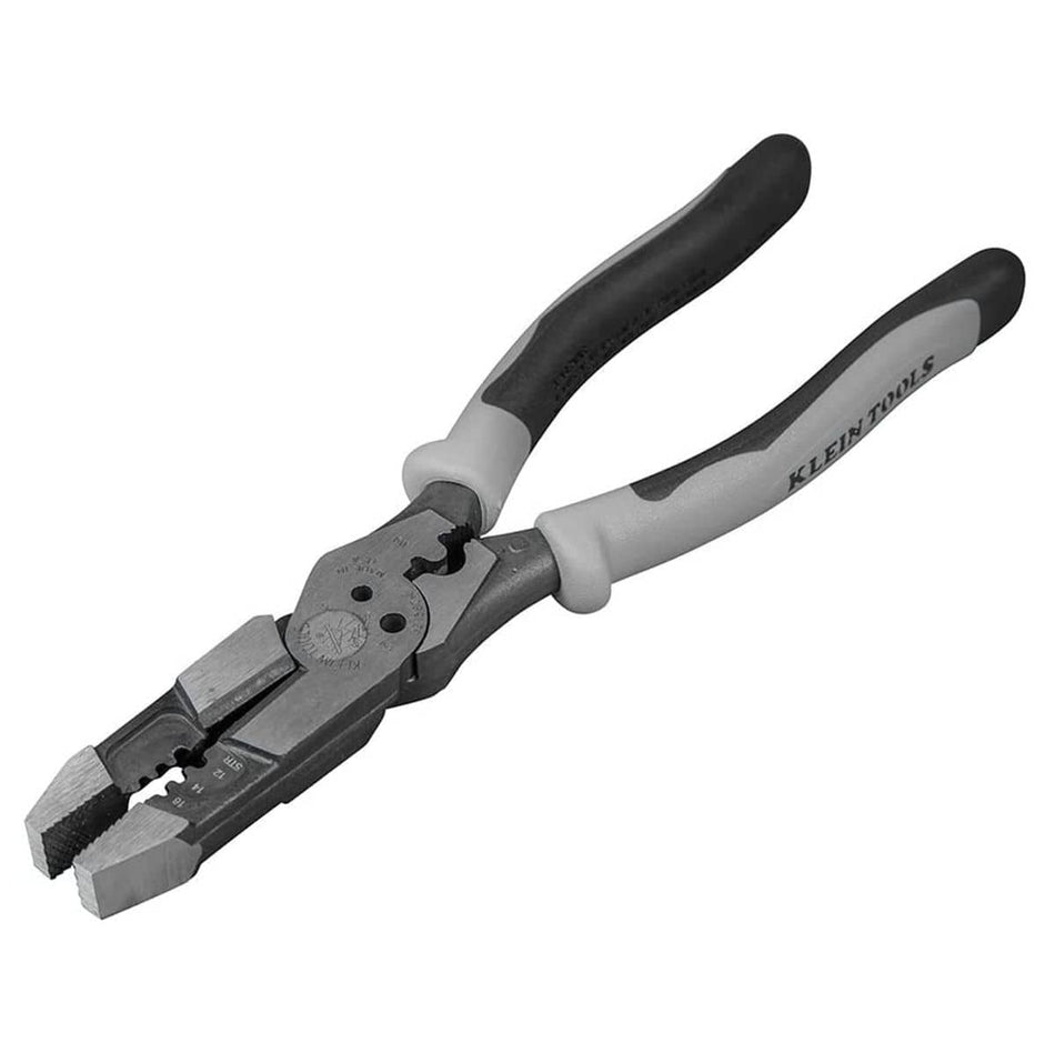 Image of Klein Hybrid Pliers J215-8CR. This is an angled, top-down view of a pair of open pliers against a white background. The pliers have black and gray handles with the brand name "KLEIN TOOLS" printed on them, and the silver jaws have a textured grip surface with various size markings.