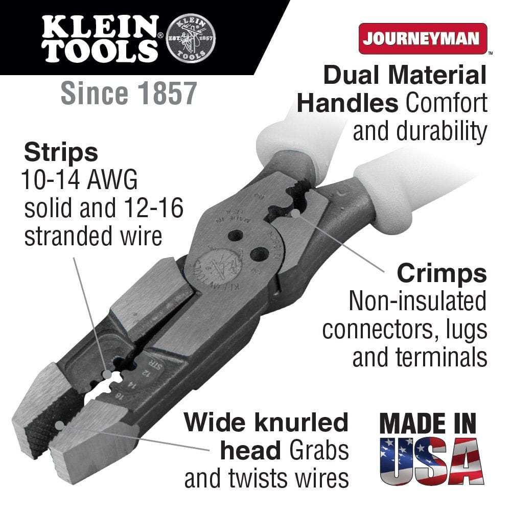 A feature callout image of the Klein J215-8CR pliers, pointing to the wire stripper, crimper, wide knurled head, and dual-material Journeyman handles.