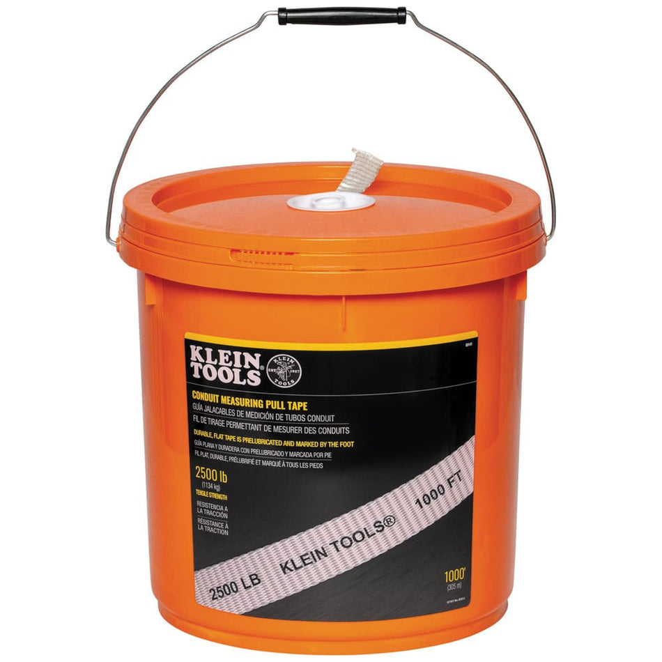 Klein Tools 50141 2500-lb tensile strength conduit pull tape packaged in a 1000-foot orange dispensing bucket for wire pulling applications.