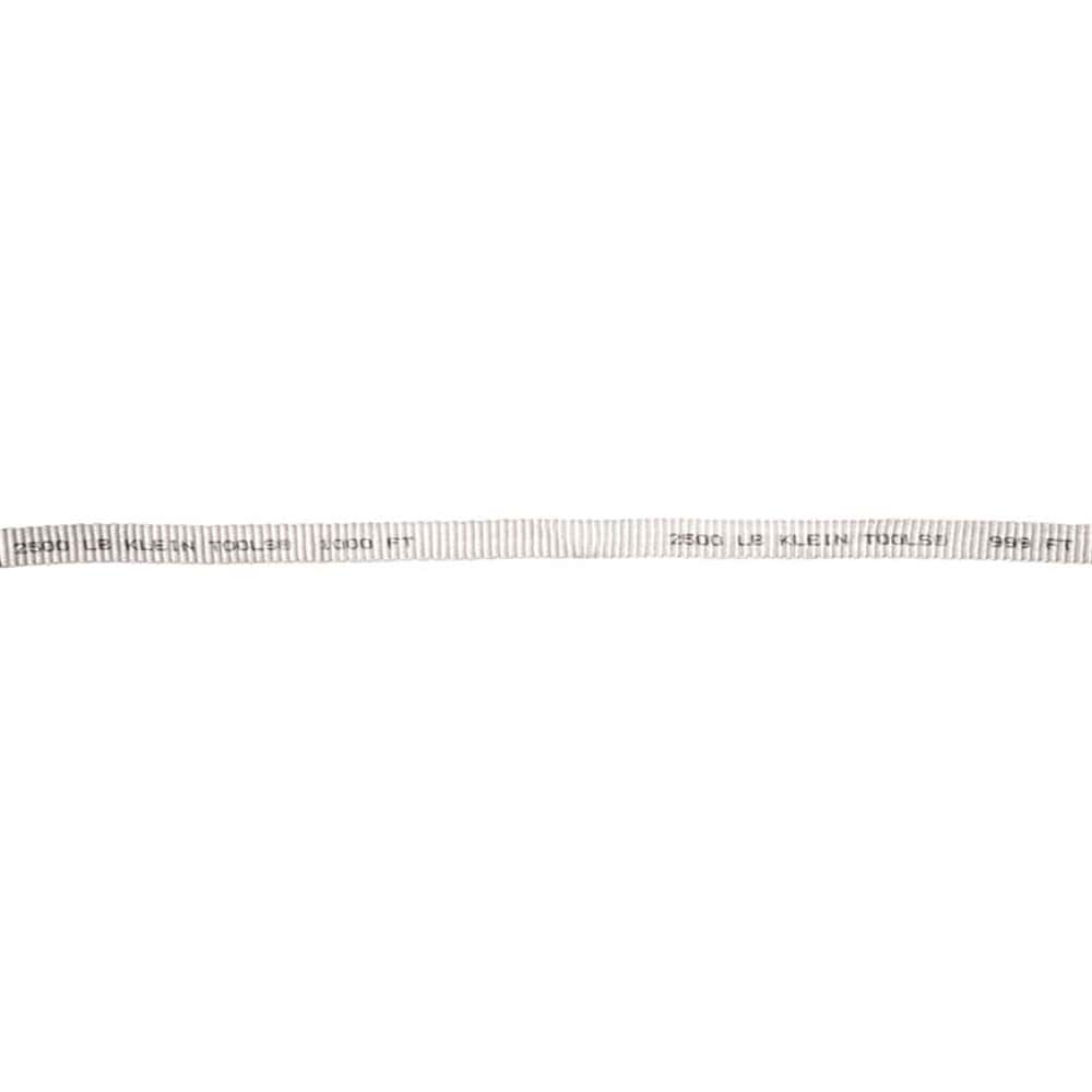 Close-up of Klein Tools flat woven polyester pull tape displaying pre-printed 2500 lb tensile strength rating and sequential foot measurements.