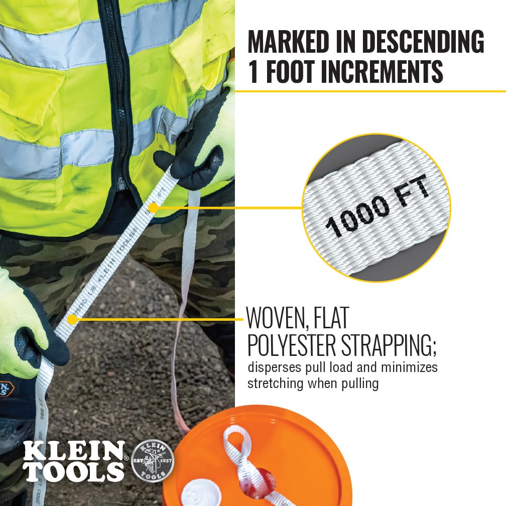 Feature callout graphic showing woven flat polyester strapping marked with descending 1-foot increments to minimize stretching and measure conduit.
