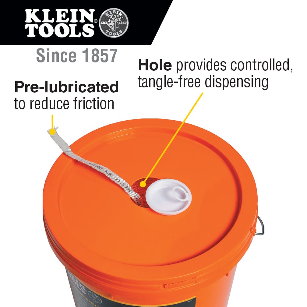 Bucket lid detail illustrating the center hole design for controlled, tangle-free dispensing of pre-lubricated conduit pull tape.