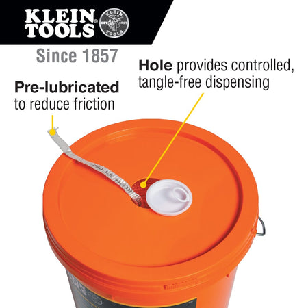 Bucket lid detail illustrating the center hole design for controlled, tangle-free dispensing of pre-lubricated conduit pull tape.