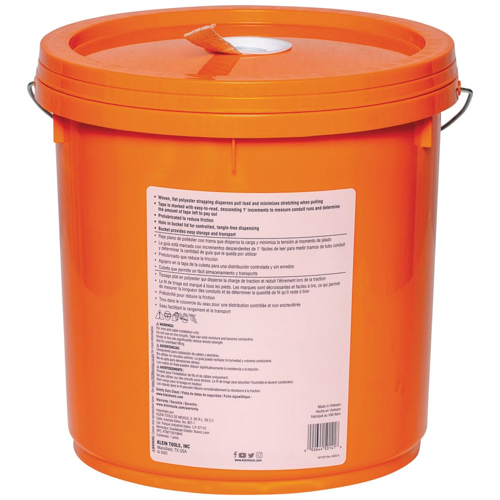 Back of the Klein Tools 50141 orange bucket displaying product safety warnings and multi-language specification details.