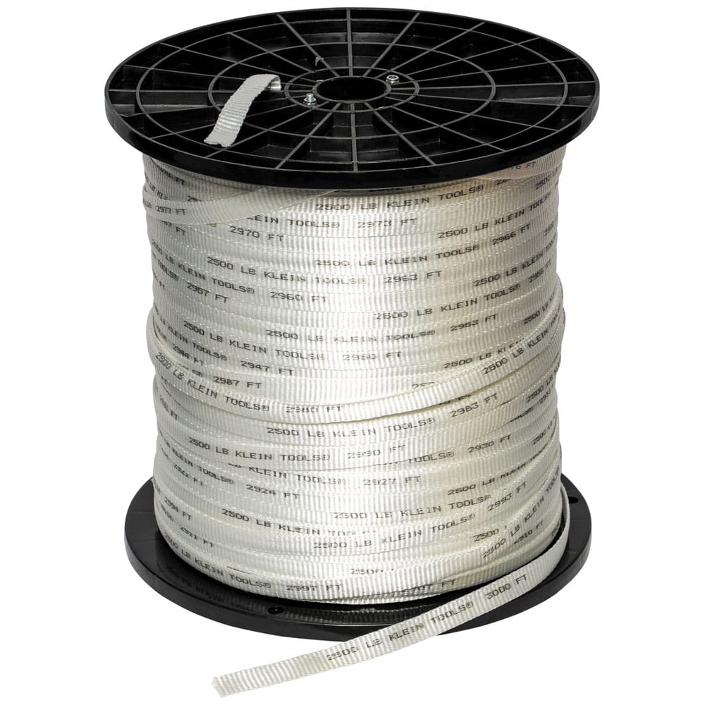 Klein Tools 50142 2500-lb tensile strength conduit pull tape wound on a 3000-foot spool reel for long-distance wire pulling.