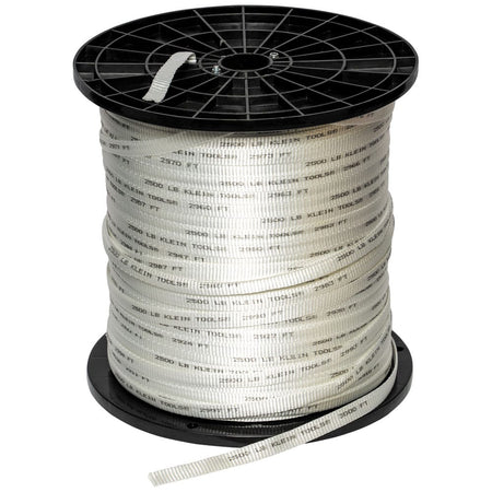 Klein Tools 50142 2500-lb tensile strength conduit pull tape wound on a 3000-foot spool reel for long-distance wire pulling.