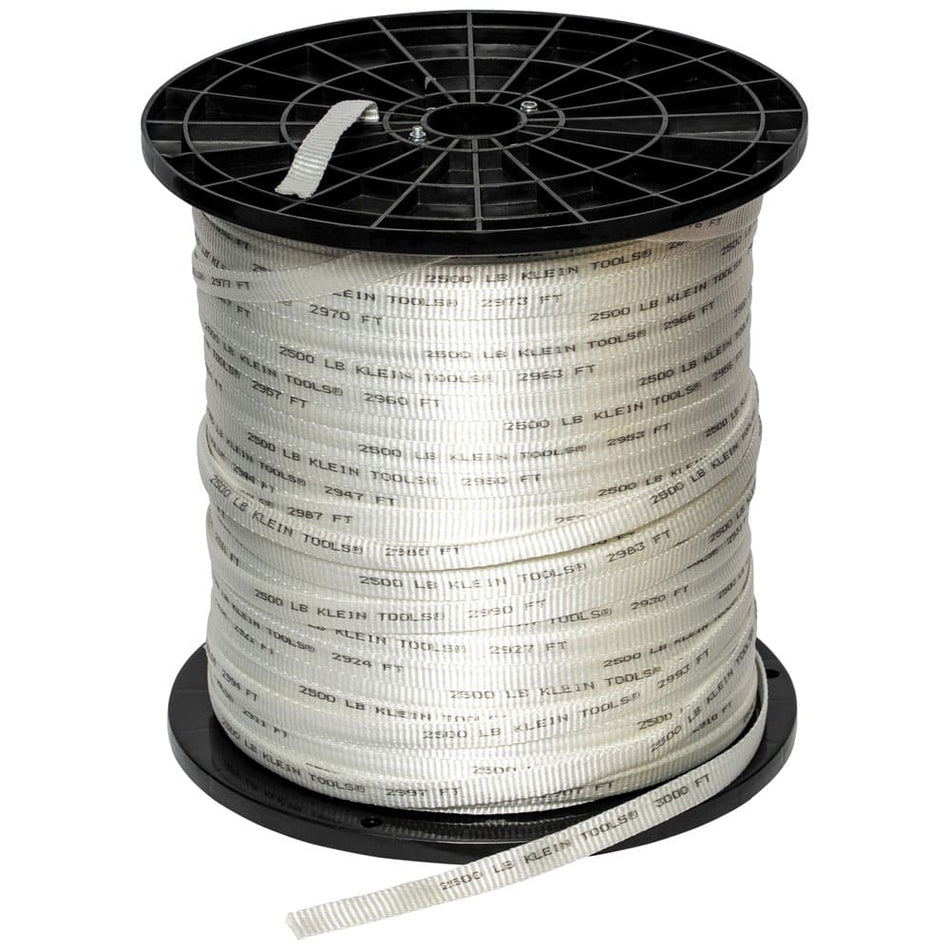 Klein Tools 50142 2500-lb tensile strength conduit pull tape wound on a 3000-foot spool reel for long-distance wire pulling.