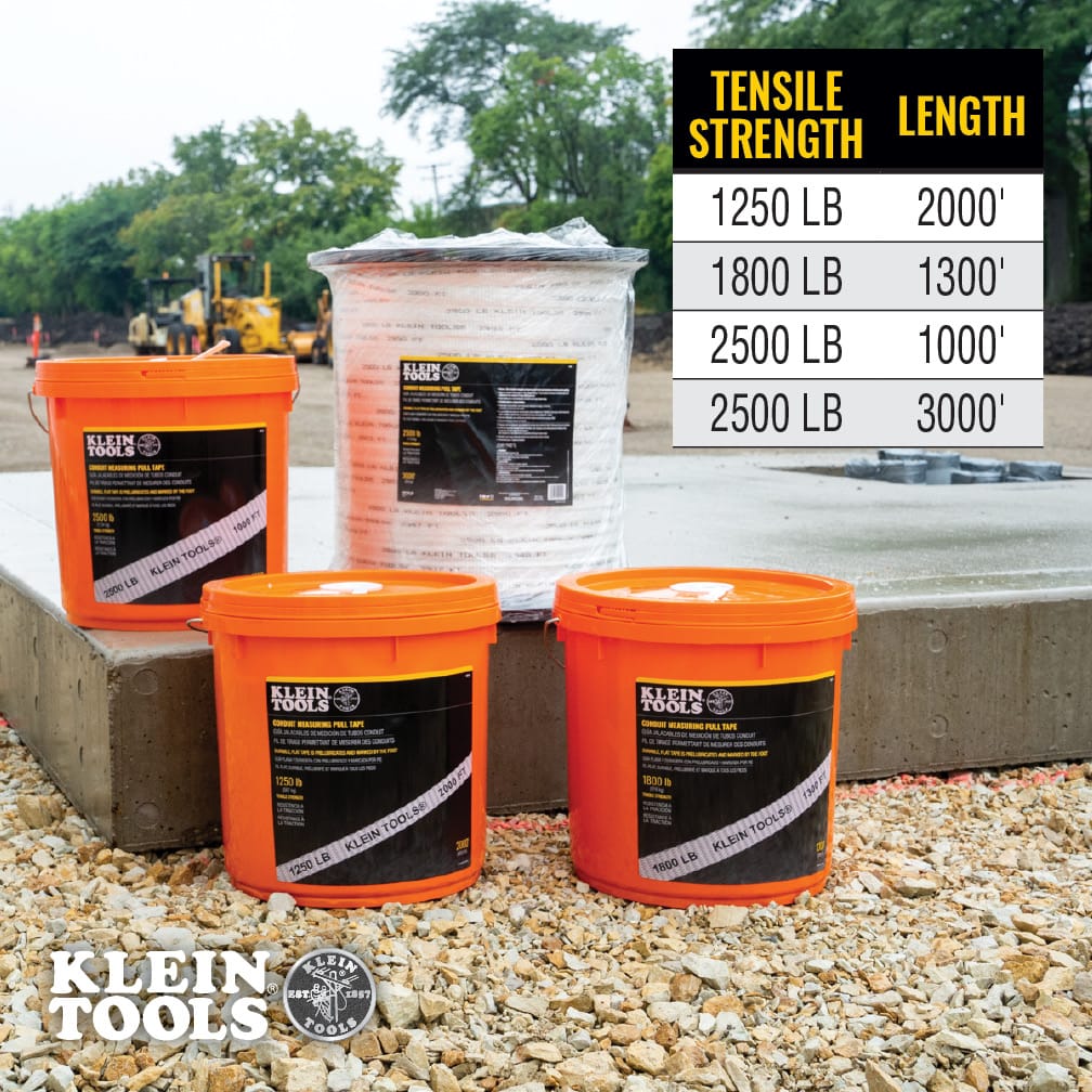 Selection chart for Klein Tools pull tape detailing 1250 lb at 2000 ft, 1800 lb at 1300 ft, 2500 lb at 1000 ft, and 2500 lb at 3000 ft options.