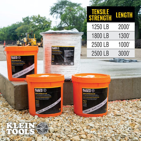 Selection chart for Klein Tools pull tape detailing 1250 lb at 2000 ft, 1800 lb at 1300 ft, 2500 lb at 1000 ft, and 2500 lb at 3000 ft options.
