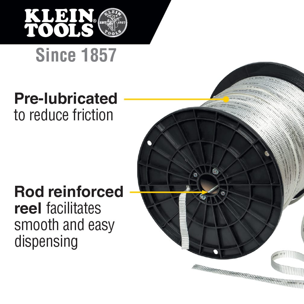 Reel construction detail showing the rod-reinforced spool center and pre-lubricated coating engineered for low-friction conduit pulling.
