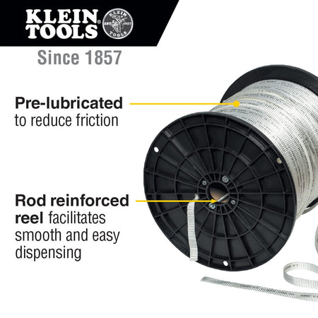 Reel construction detail showing the rod-reinforced spool center and pre-lubricated coating engineered for low-friction conduit pulling.