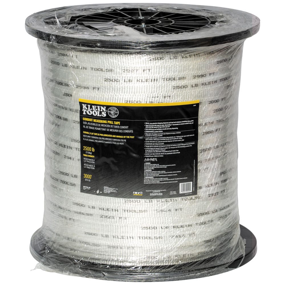 Factory shrink-wrapped Klein Tools 50142 3000-foot pull tape reel displaying the specification label and 2500-lb tensile rating.