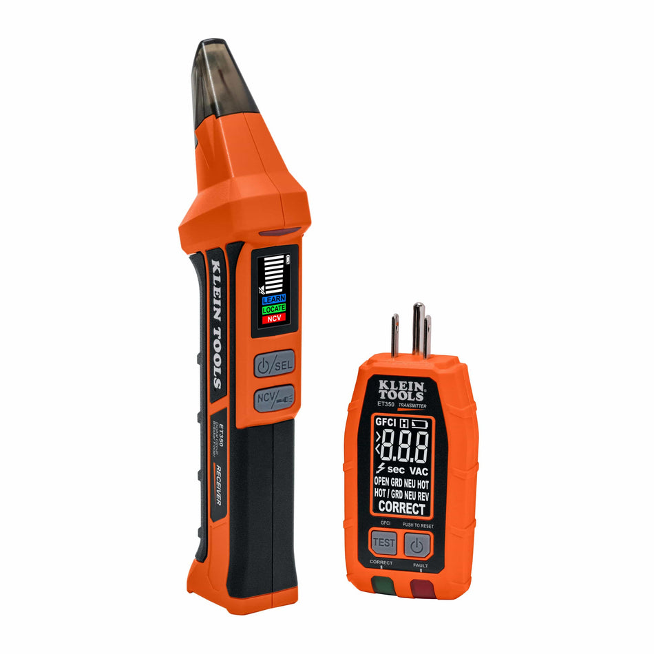 Klein Tools ET350 4-in-1 digital circuit breaker finder showing the receiver wand and plug-in transmitter with LCD diagnostic screen.